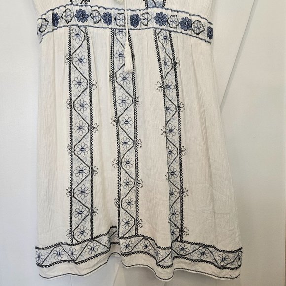 Max Studio Boho Mini Dress, Ivory with Blue Floral Embroidery, Size Medium - Picture 3 of 11